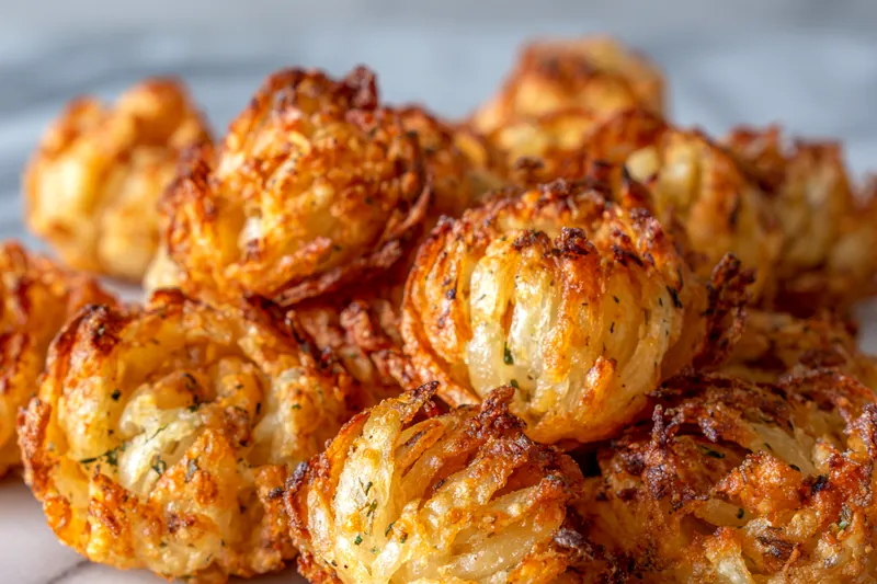 Frying crispy mini bloomin' onions in hot oil