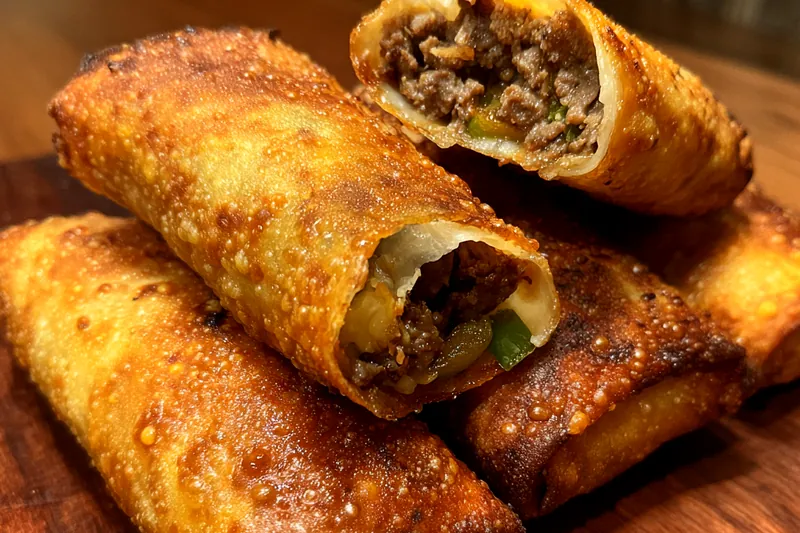 Step-by-step images showing the cooking process of Crispy Philly Cheesesteak Rolls, from filling to frying.
