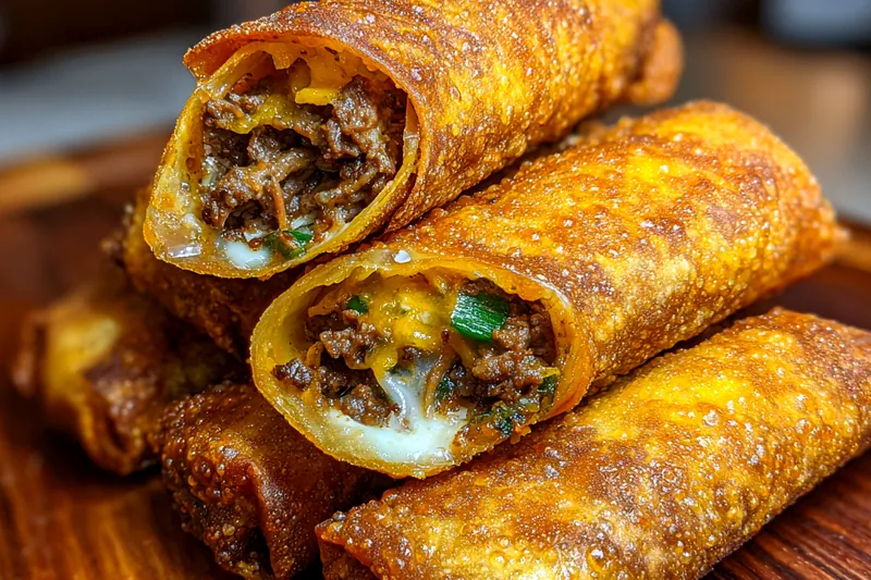A colorful display of ingredients for Crispy Philly Cheesesteak Rolls, including steak, peppers, and egg roll wrappers.