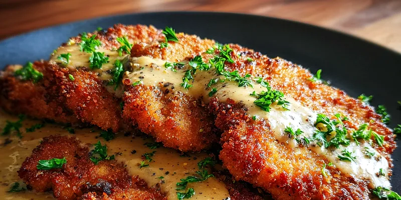 A beautifully plated Crispy Pork Schnitzel Delight garnished with lemon wedges and parsley, showcasing its golden brown crust.