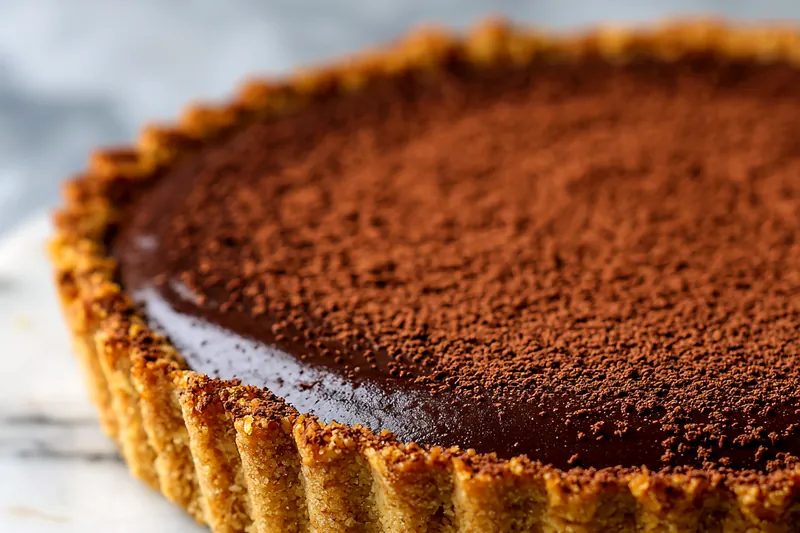 Silky chocolate ganache being poured into a gingerbread crust, showing the glossy texture