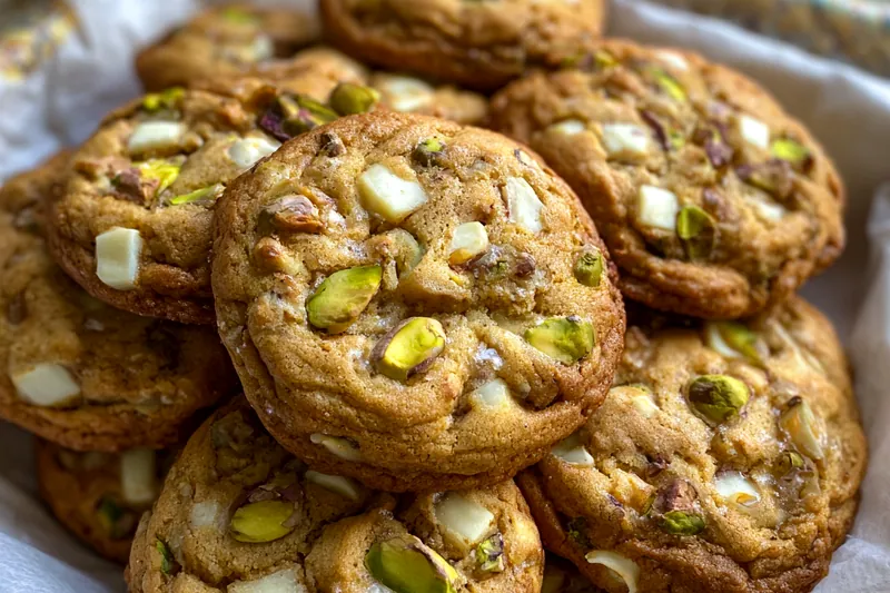 A beautifully arranged setup of ingredients for Decadent White Chocolate Pistachio Cookies