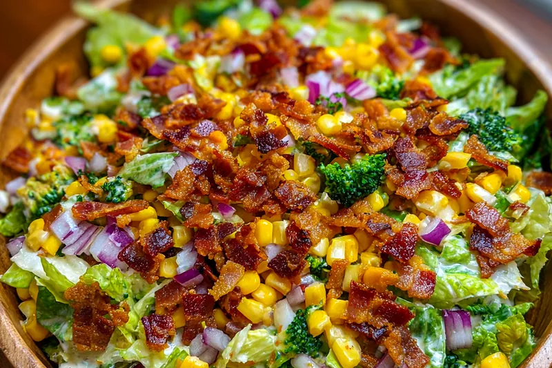 An array of fresh ingredients including crispy bacon, vibrant vegetables, and creamy ranch dressing for Delicious Bacon Ranch Salad.