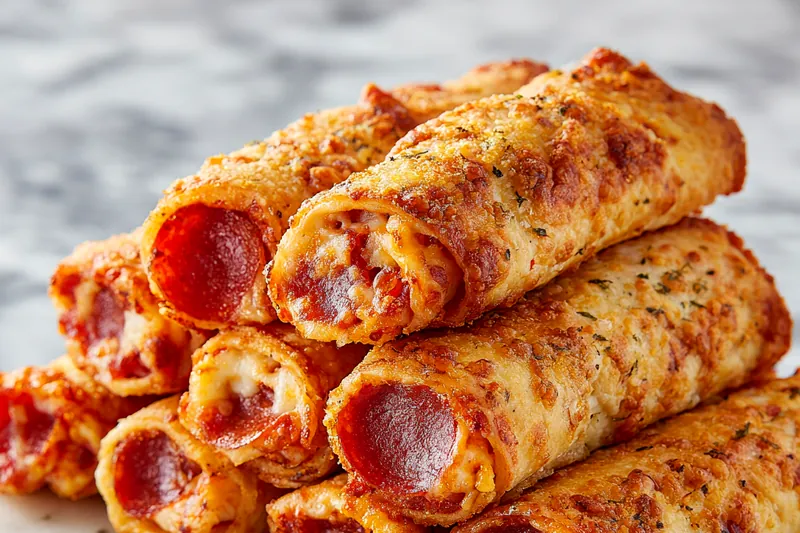 Golden-brown pepperoni pizza roll-ups baking in the oven