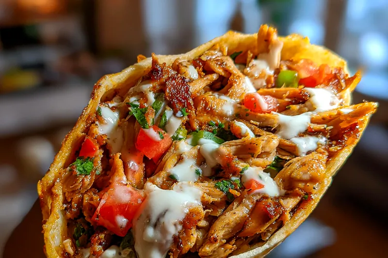 A step-by-step visual of cooking Delicious Chicken Shawarma Wraps, showcasing the marinated chicken sizzling in a skillet.