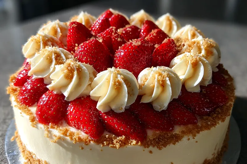 A close-up of the preparation process, showcasing melted white chocolate and sliced strawberries being assembled into the dessert.
