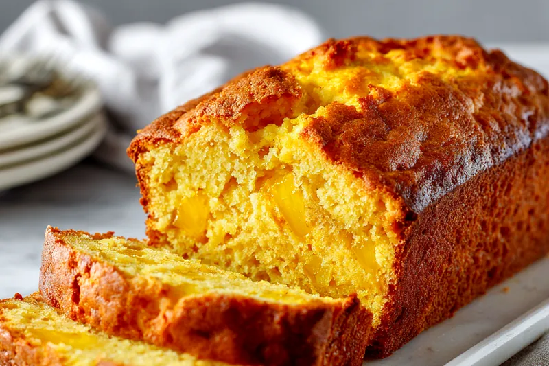 Ingredients for pineapple bread: flour, sugar, can of crushed pineapple, eggs, and oil on a marble surface.