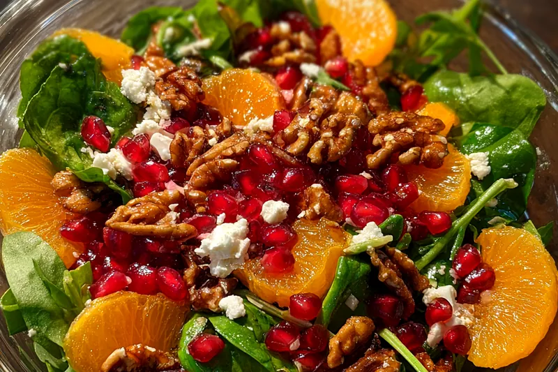 A beautiful arrangement of fresh ingredients for Festive Christmas Salad Delight, including greens, pomegranate seeds, and feta.