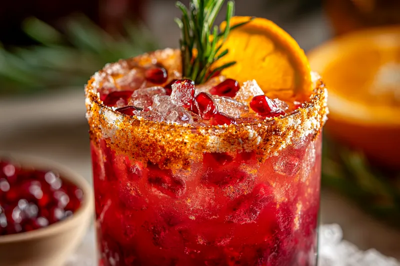 A colorful display of ingredients for Festive Holiday Margarita including tequila, cranberry juice, and limes.