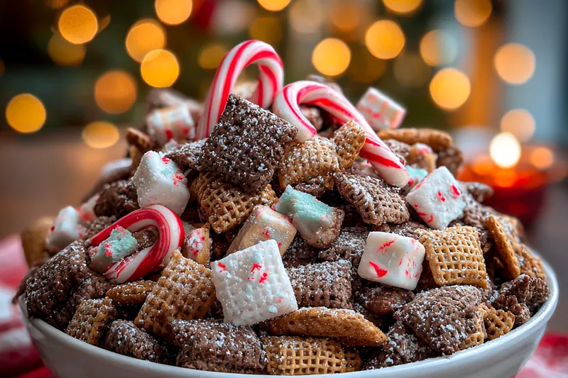 A step-by-step process of melting chocolate and preparing the layers for Festive Peppermint Bark Treats.