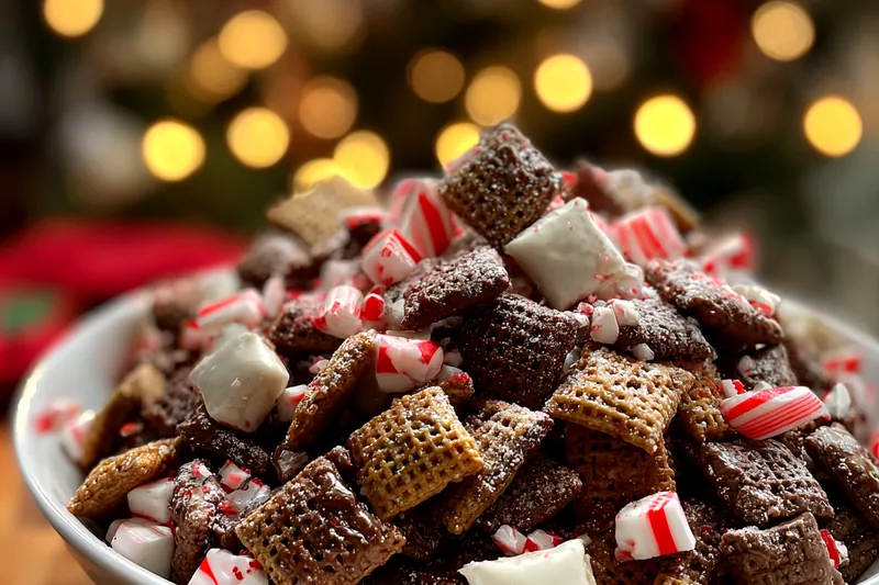 An array of ingredients for Festive Peppermint Bark Treats including chocolate, peppermint, and candy canes.