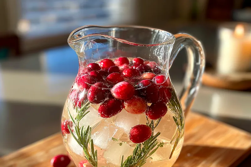 The process of preparing Festive White Christmas Sangria, mixing fruits and wine in a large pitcher.