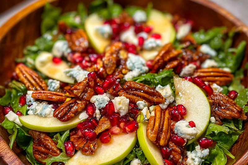 The process of preparing and combining ingredients for Festive Winter Salad Delight.
