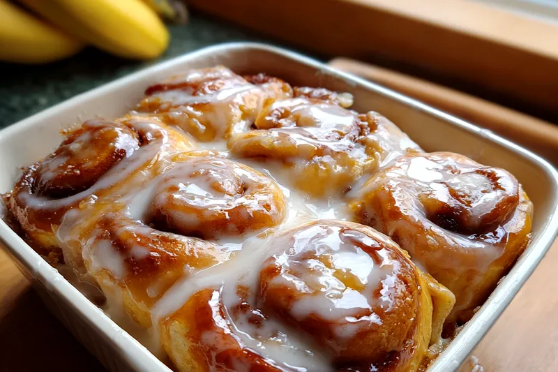 Baking ingredients for banana cinnamon rolls including flour, ripe bananas, cinnamon, butter, eggs, and sugar arranged on a marble countertop