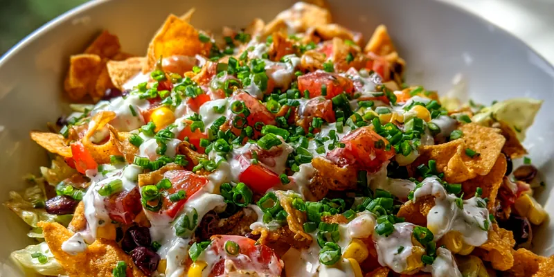 A colorful bowl of Hearty Frito Cowboy Cabbage topped with melted cheese and Fritos corn chips.