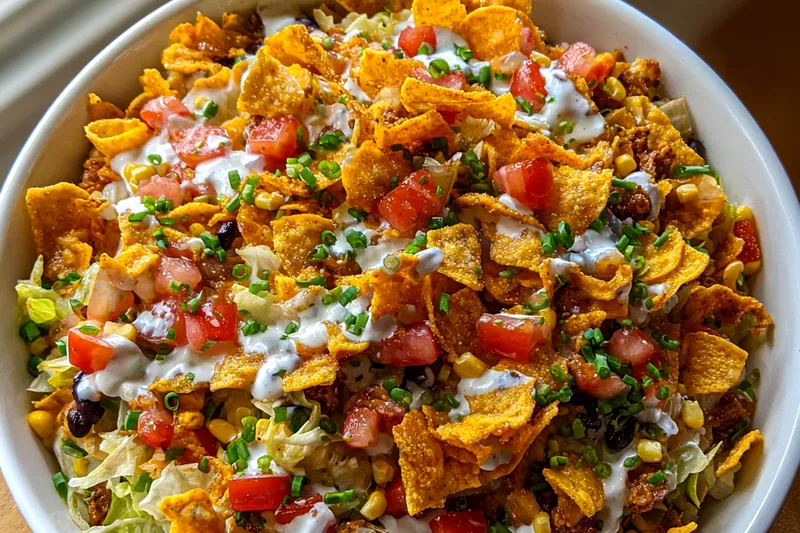 An assortment of ingredients for Hearty Frito Cowboy Cabbage laid out on a wooden countertop.
