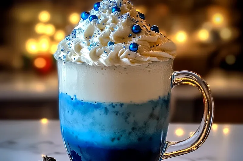 A vibrant display of ingredients for Frostbite Blue Cocoa Delight, including blue cocoa powder, whipped cream, and sprinkles.
