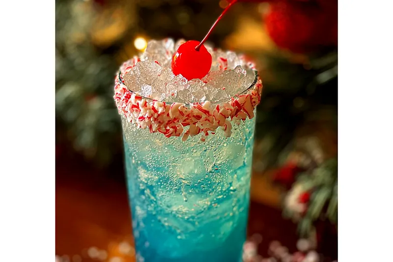 The process of mixing the ingredients for Frosty Snowman Cocktail in a blender, showing a creamy texture.