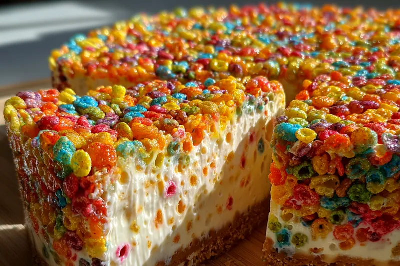 Fruity Pebbles cheesecake in a springform pan, showing the golden crust and colorful speckles, ready for chilling