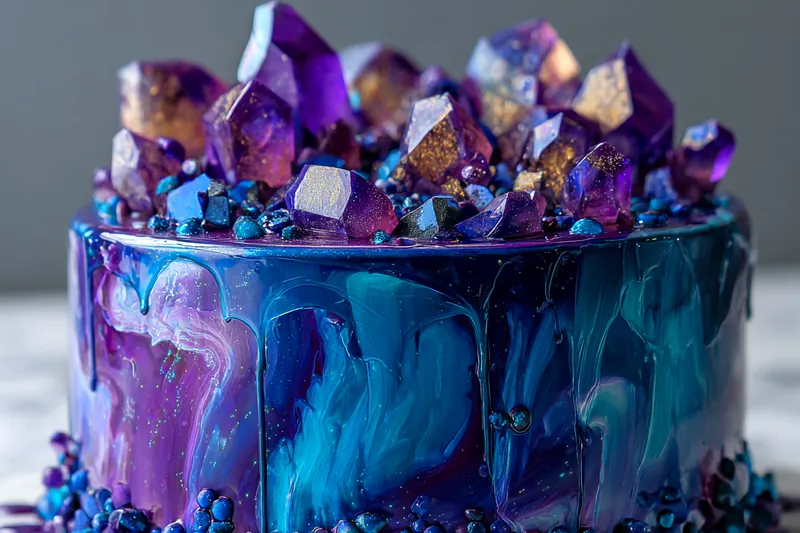Baking ingredients for galaxy cake including blueberries, white chocolate, heavy cream, and food coloring on a marble counter