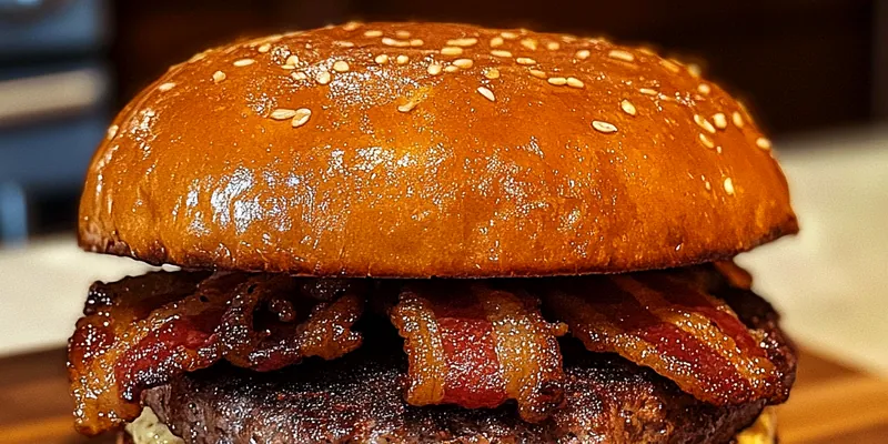 A plate of Garlic Butter Bacon Burgers garnished with fresh ingredients and served with fries.
