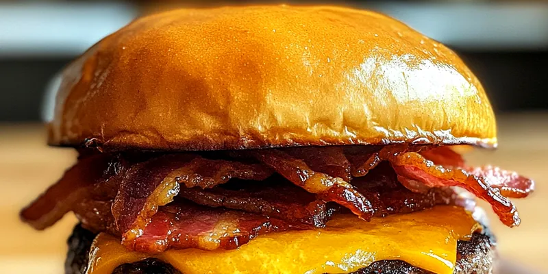 A close-up of Savory Garlic Butter Burgers served with fresh toppings and crispy fries.