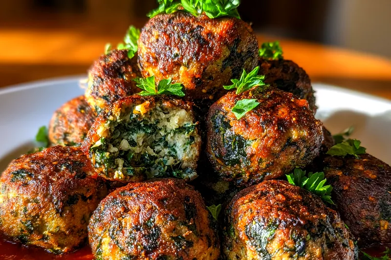 A cook preparing Garlic-Infused Spinach Meatballs in a kitchen setting.