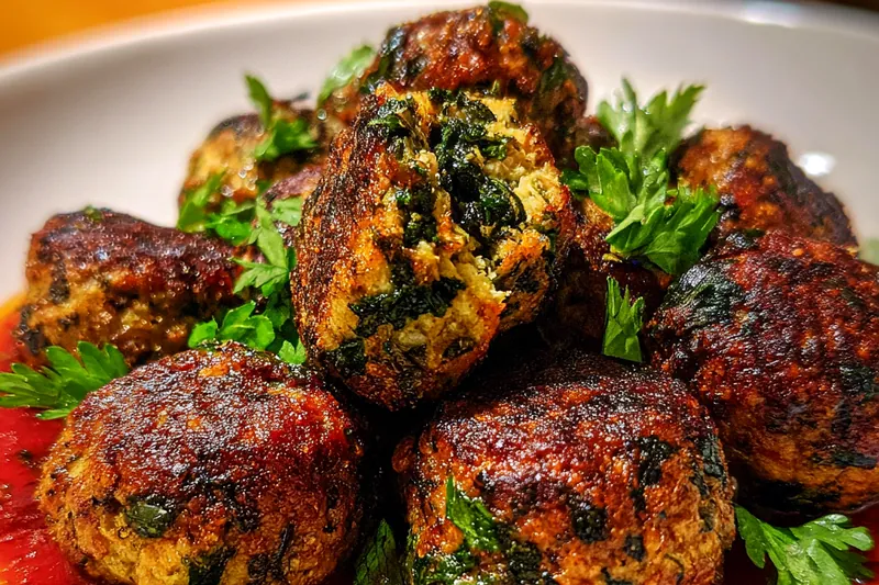 A collection of ingredients for Garlic-Infused Spinach Meatballs including ground turkey, spinach, garlic, and Parmesan.
