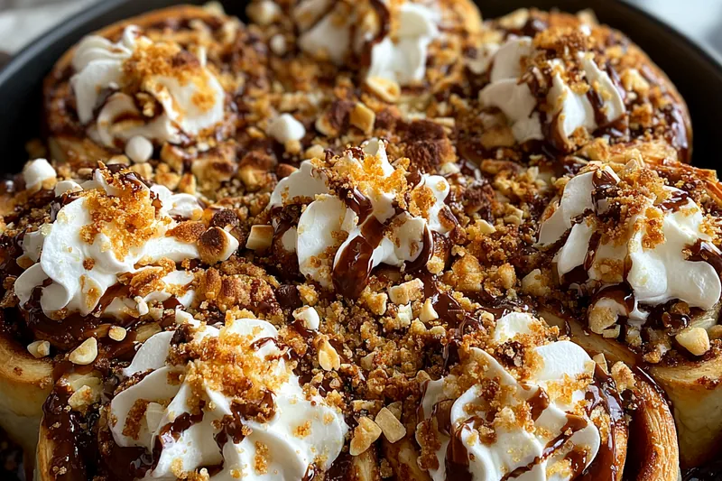 Freshly baked cinnamon rolls being topped with white marshmallow cream and chocolate drizzle