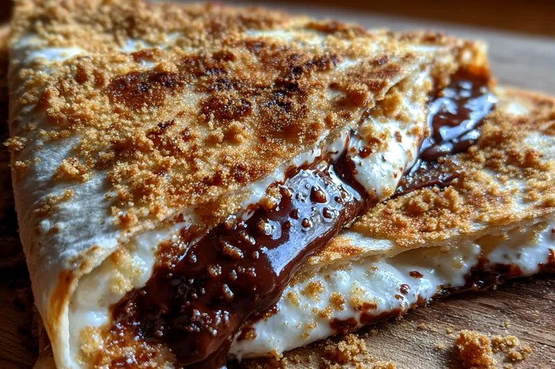 Ingredients for s'mores quesadillas: tortillas, chocolate chips, marshmallow fluff, and graham crackers on a messy counter