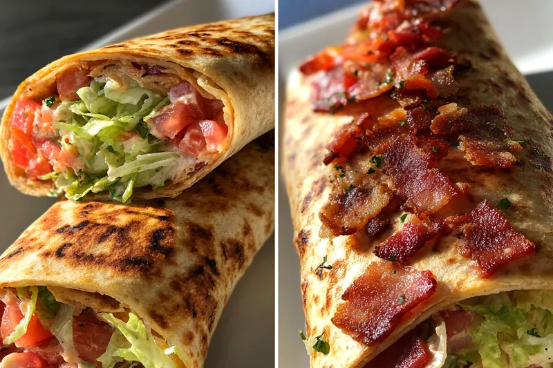 A vibrant display of fresh ingredients including tortillas, bacon, lettuce, tomatoes, and cheese for Grilled BLT Wraps Delight.