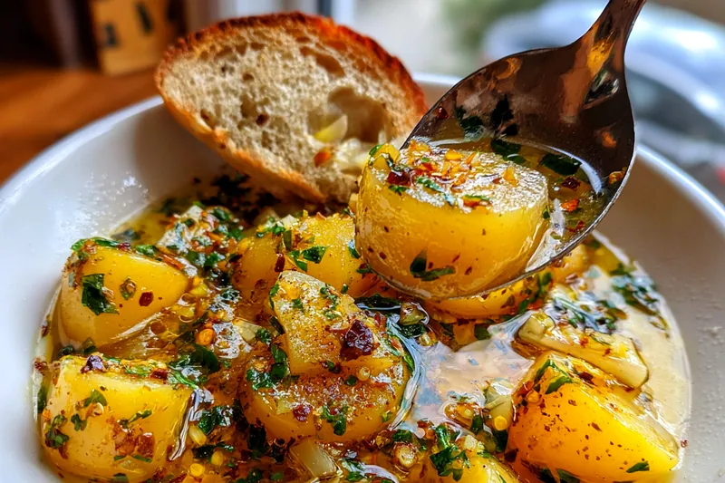 Raw ingredients for garlic potato soup: pile of yellow potatoes, head of garlic, onion, parsley, and olive oil on wooden board