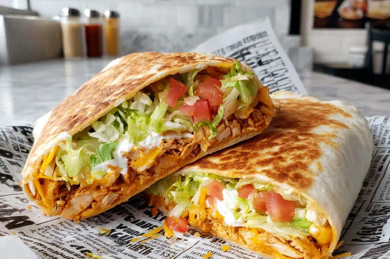 Raw ingredients for chicken crunchwrap including chicken breast, large tortillas, tostada shells, shredded cheese, vegetables, and seasonings arranged on marble counter