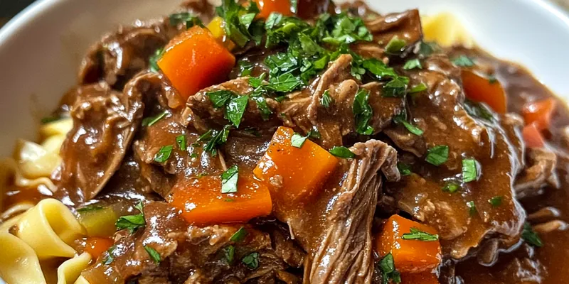 A bowl of Hearty Italian Beef Ragu served with pasta, garnished with fresh basil and grated Parmesan cheese.