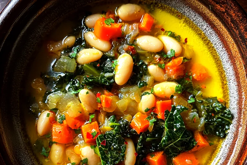 Fresh ingredients laid out for Hearty Tuscan Bean Delight, including beans, vegetables, and herbs.