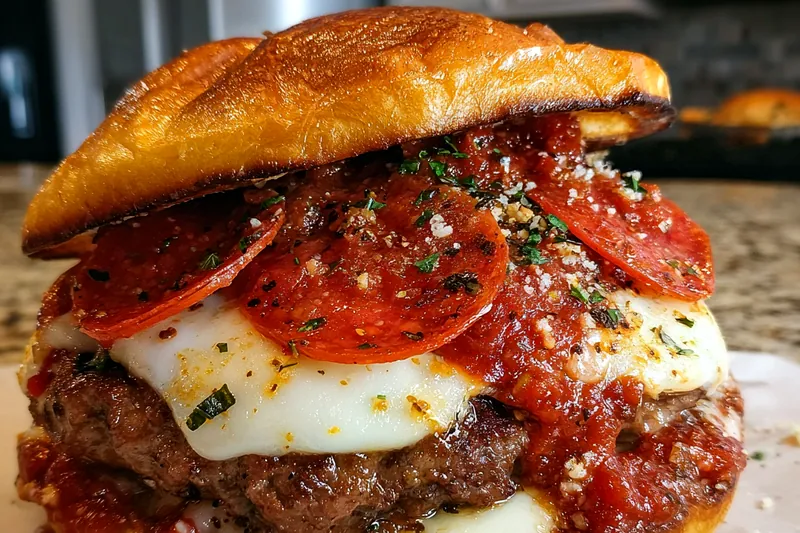 A chef grilling Heavenly Pizza Burgers to perfection on a hot grill, showcasing the burger patties sizzling.