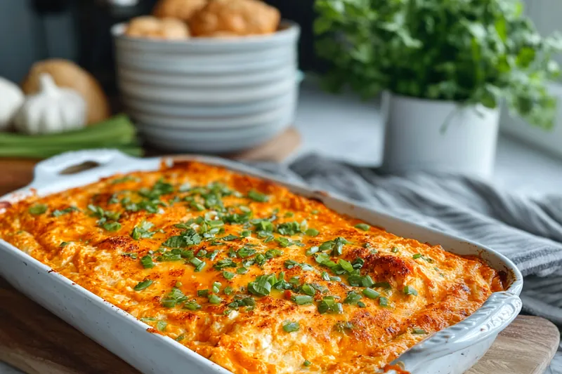 Buffalo chicken dip bubbling in a baking dish fresh out of the oven