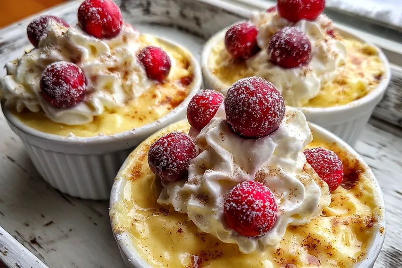 Ramekins of eggnog custard baking in a water bath in the oven, showing the gentle cooking technique