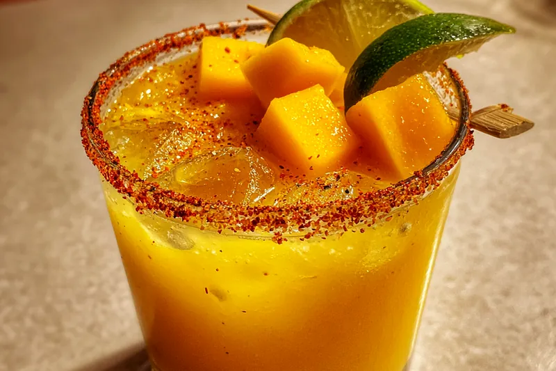 A vibrant mixing process showing the combination of mango puree, lime juice, and tequila in a cocktail shaker for the Spicy Mango Margarita Delight.