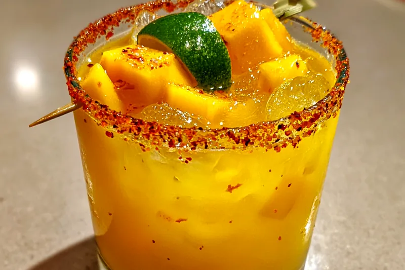 A beautiful assortment of fresh ingredients including mangoes, limes, and jalapeños for the Spicy Mango Margarita Delight.