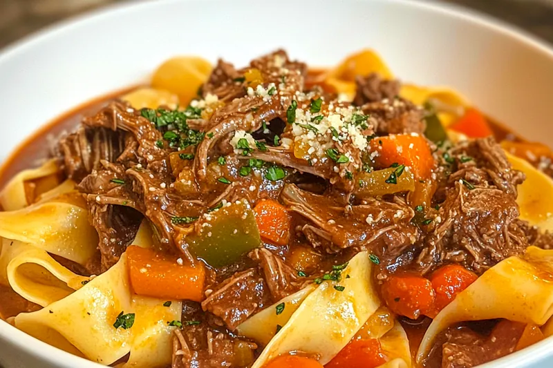 A pot of Hearty Italian Beef Ragu simmering on the stove, filled with tender beef and vibrant vegetables.