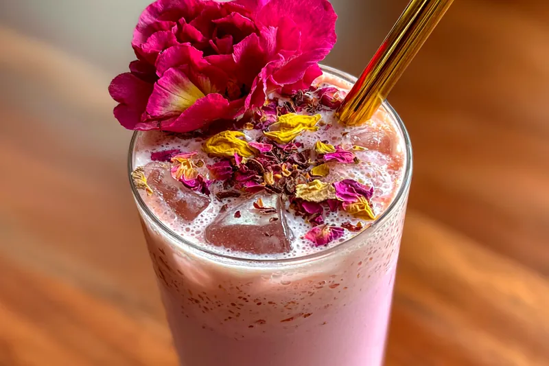 An assortment of ingredients for Delicious Kashmiri Pink Chai, including tea leaves, spices, and milk.