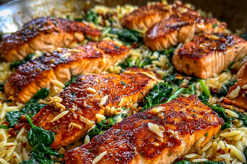 Cooking process for Lemon Herb Salmon Orzo