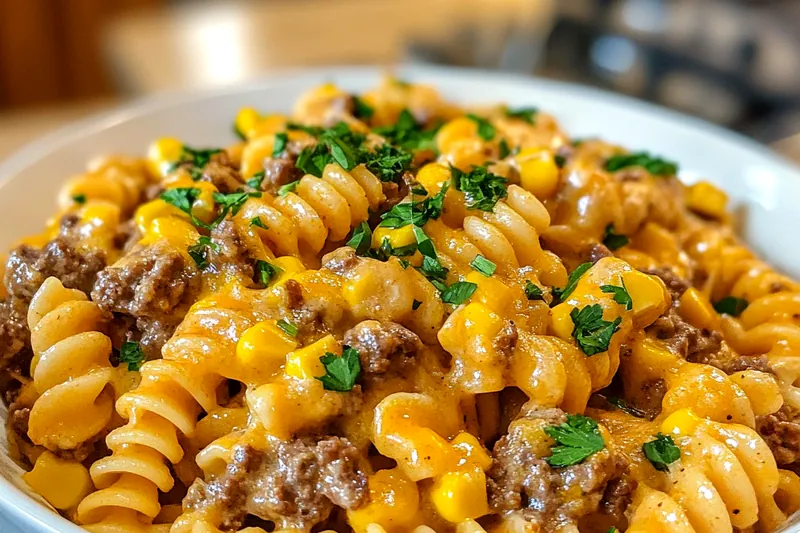 Chef Mitchell stirring the Cheesy Beef and Corn Bake mixture in a skillet, preparing to transfer it to the baking dish.