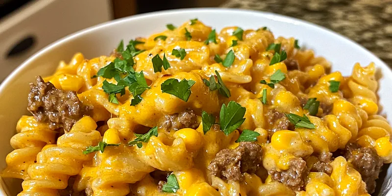 A golden-brown Cheesy Beef and Corn Bake served in a rustic casserole dish, topped with melted cheese and sprinkled with parsley.
