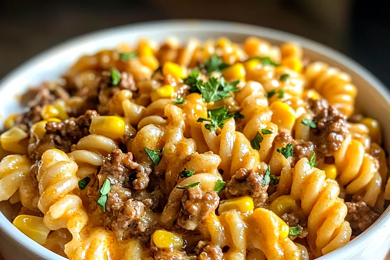 Colorful display of ingredients including ground beef, corn, shredded cheese, and spices for Cheesy Beef and Corn Bake.