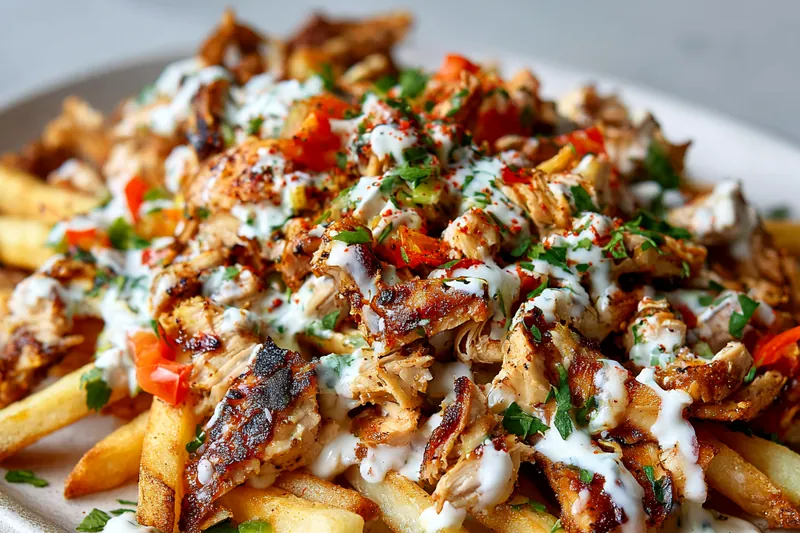 Raw ingredients for shawarma fries including frozen french fries, raw marinated chicken, yogurt sauce ingredients, tomatoes, cucumber, onion, and parsley on a marble counter.