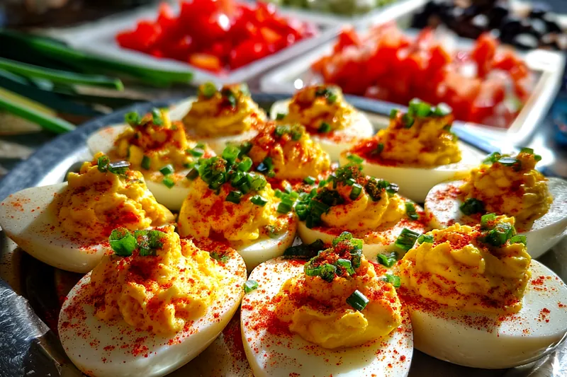 A visual step-by-step guide demonstrating the cooking process for Loaded Deviled Eggs Delight.