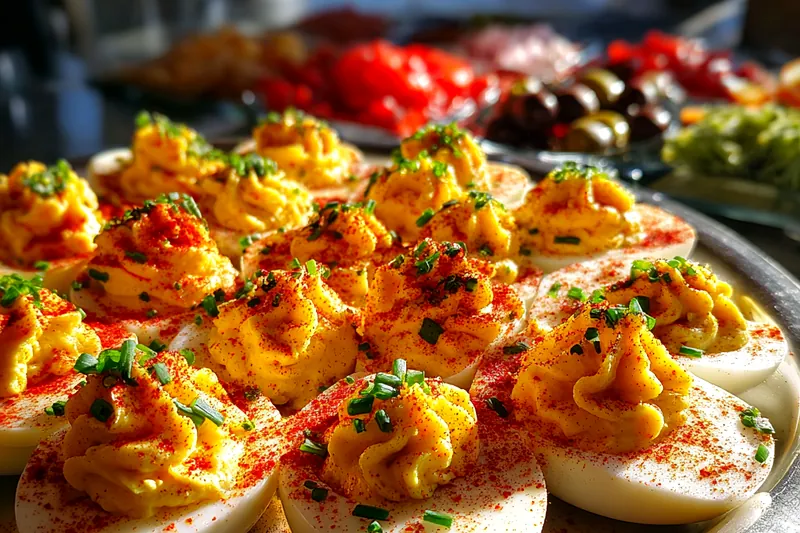 A beautifully arranged display of ingredients for Loaded Deviled Eggs Delight including eggs, bacon, and seasonings.