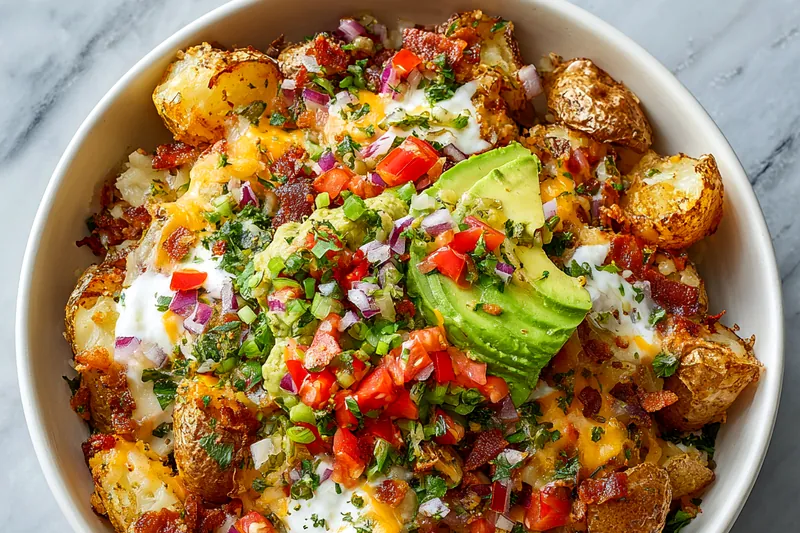 Fresh ingredients ready to make loaded potato taco bowls.